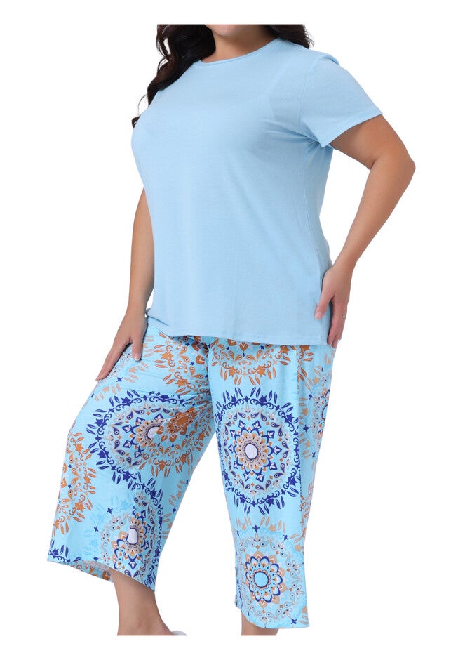 Short Sleeve Tops Pants Two-Piece Pajamas Set, Blue / Azure Blue, alternate image number 2