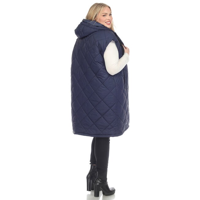Women's Diamond Quilted Hooded Puffer Vest, Navy / Navy, alternate image number null