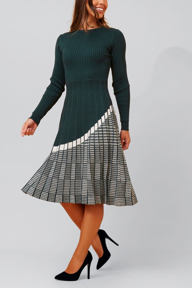 Leslie Dress Knit Prince De Galle Pleated Skirt, Green / Forest Green, alternate image number 1