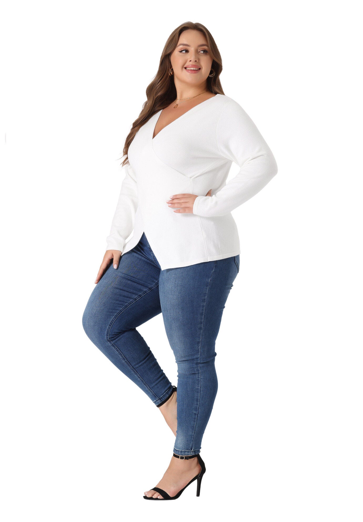 Wrap V Neck Criss Cross Asymmetrical Knit Top, White / White, hi-res image number 0