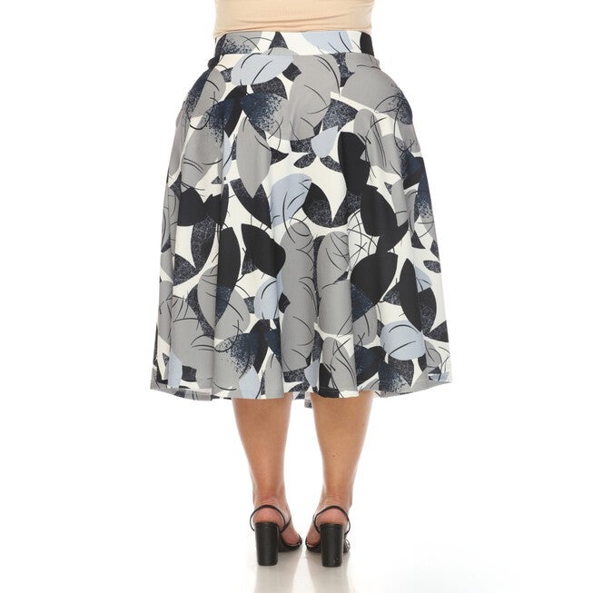 Leaf Print Vintage Flared Midi Skirt, Navy Gray / Navy, alternate image number null