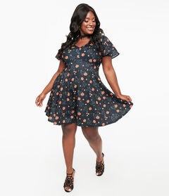 1950s Black Spooky Cats & Pumpkins Poppy Flare Dress