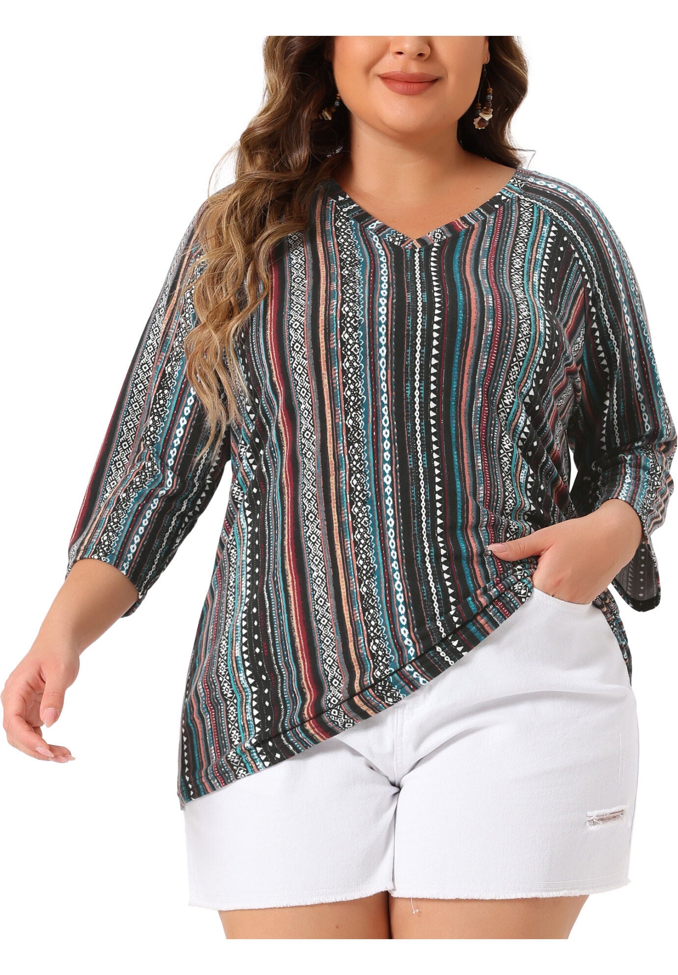 3/4 Sleeve Knit Blouse Tee Stripe Boho Top, Green / Quetzal Green, alternate image number 2