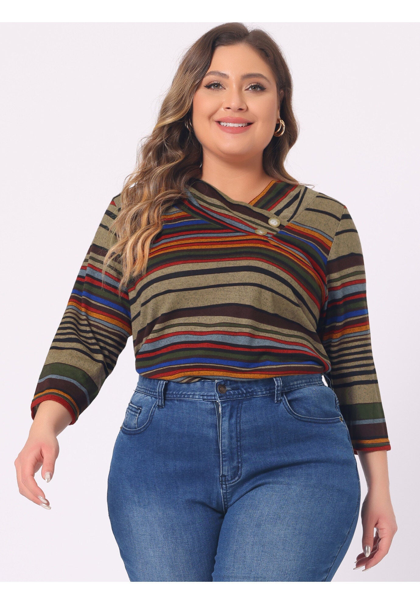 Stripe 3/4 Sleeve Tunic V Neck Knit Blouse, Orange Brown / Brown, alternate image number 2