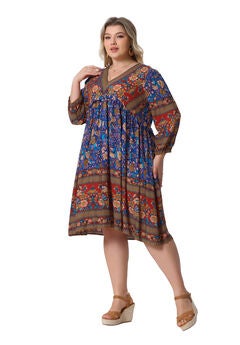 Boho Floral V Neck 3/4 Sleeve Mini Short Dress
