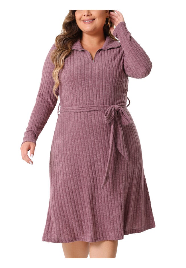 Ribbed Sweater Half Zip Front Tie Waist Knit Midi Dress with Belt, Purple / Purple, alternate image number 2