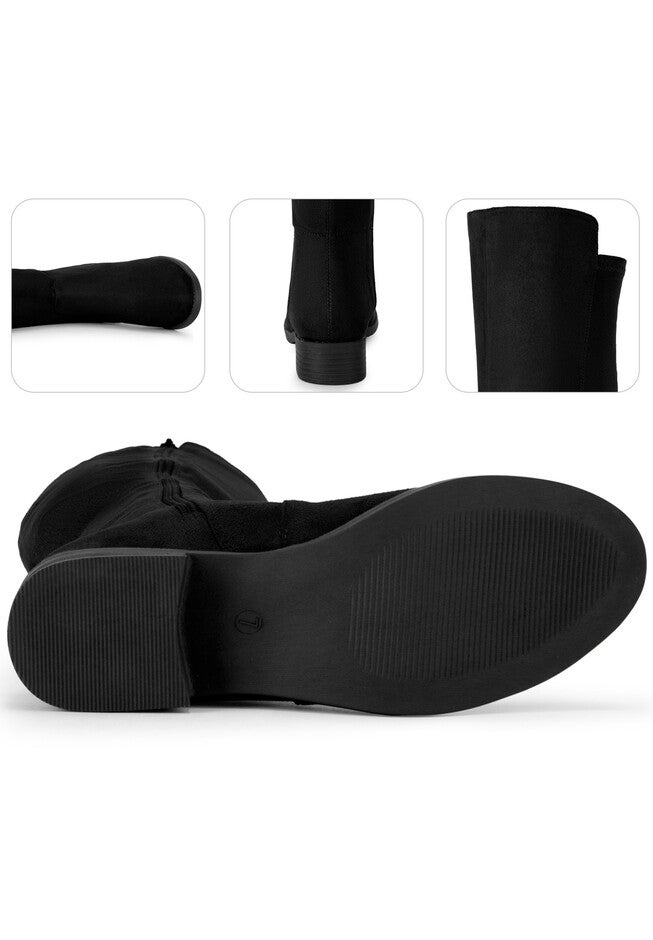 Round Toe Side Zip Chunky Heels Knee High Boots, Black / Black, alternate image number 2