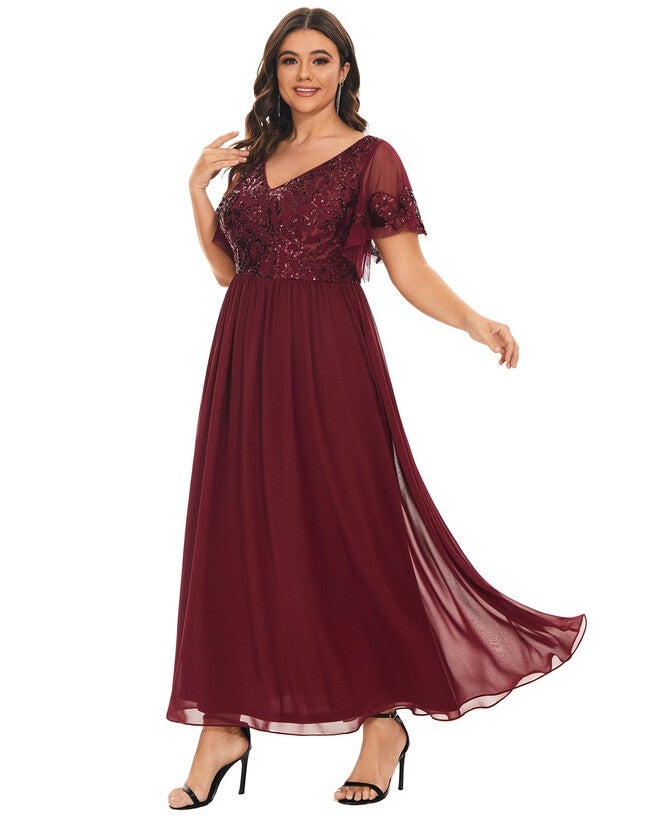 V-Neck Short Sleeve Sequin Bodice Mother of the Bride Dress, Burgundy / Burgundy, alternate image number null