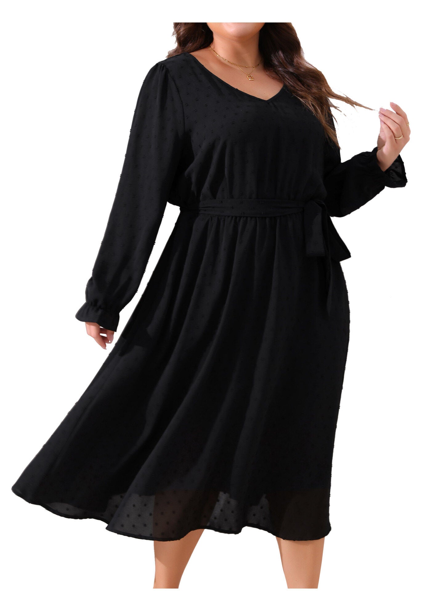 Swiss Dot V Neck Tie Belt A Line Flowy Midi Dresses with Pockets, Black / Black, alternate image number 2