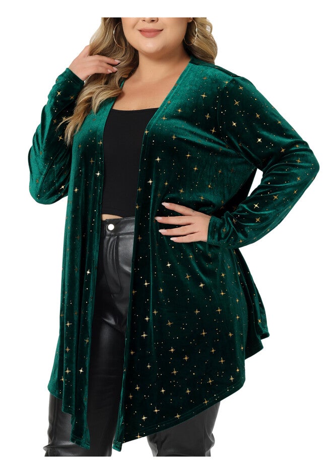 OPEN FRONT DRAPED SHINY VELVET CARDIGAN, Green / Forest Green, alternate image number 2