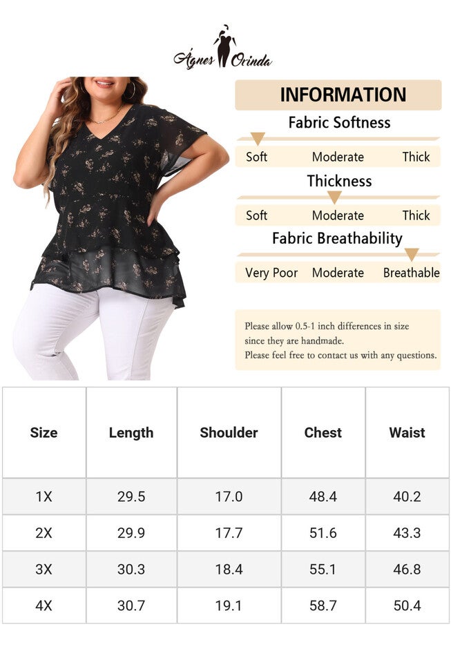 Short Sleeve Layered Casual Floral Blouse Summer Top, Dark Black / Black, alternate image number 4