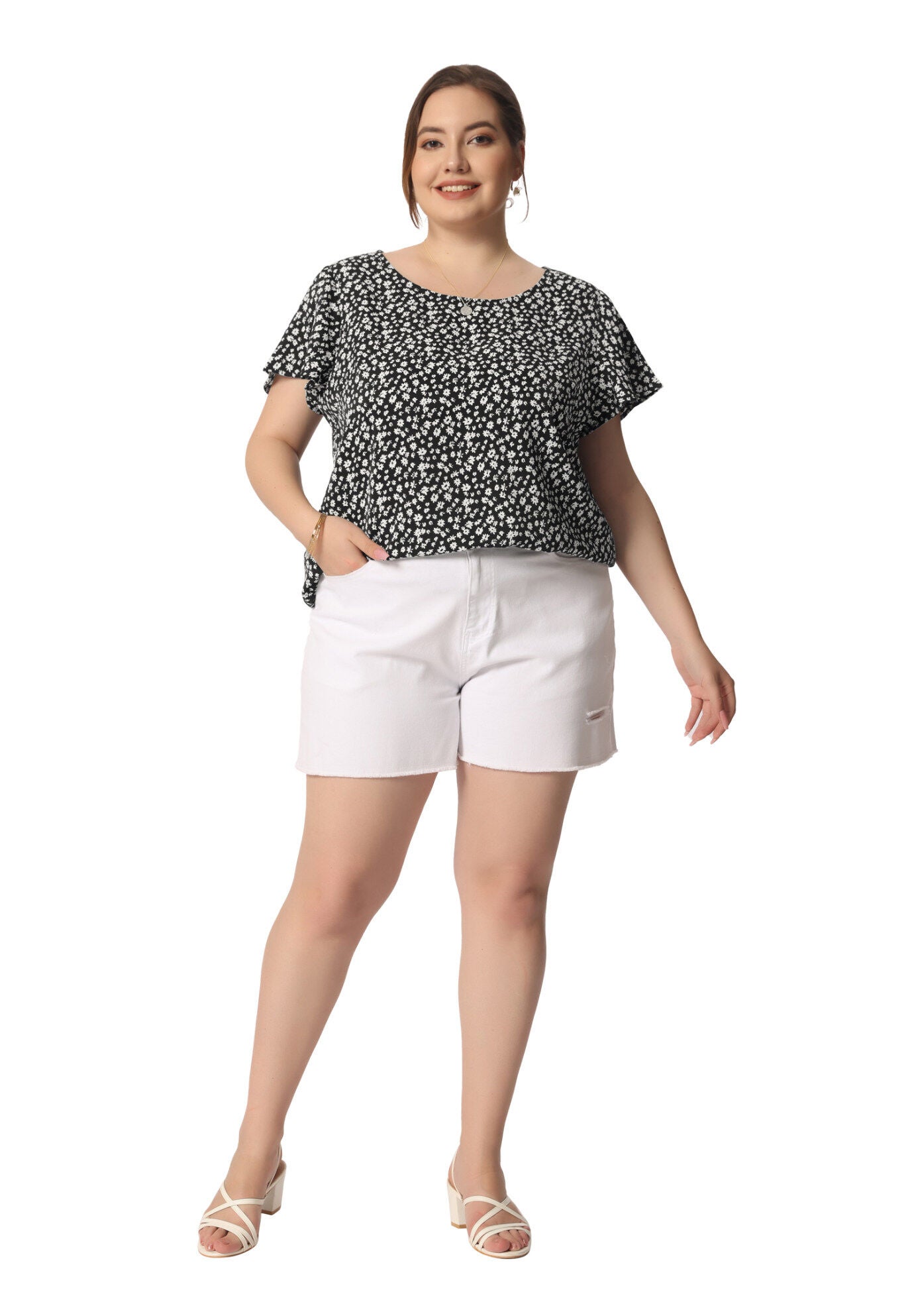 Flare Sleeve Round Neck Dense Floral Peplum Blouses, Black / Black, hi-res image number 0