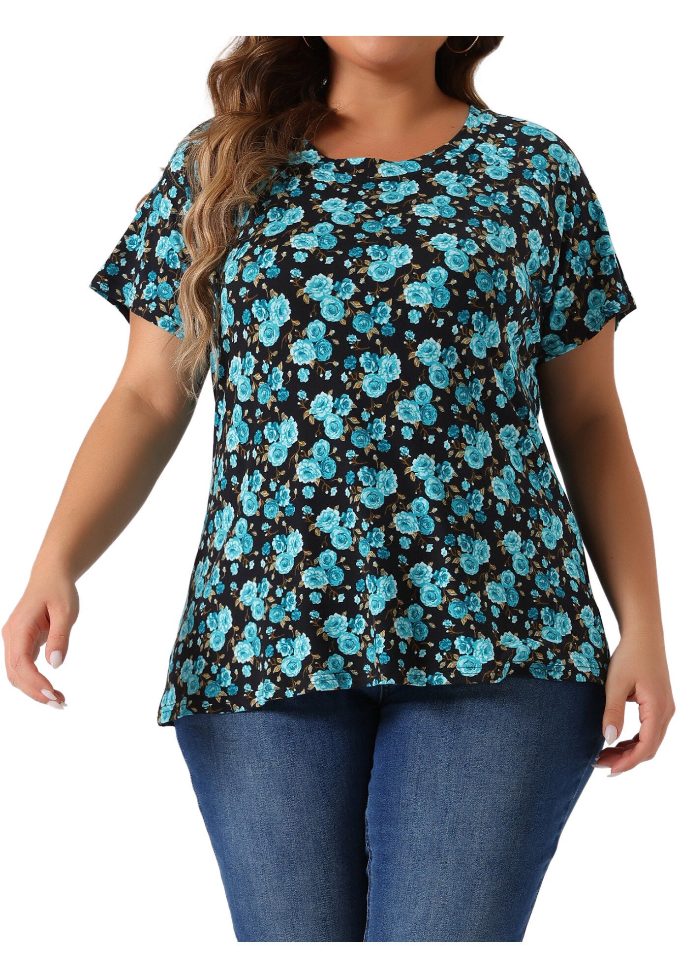 Floral Blouse Short Sleeves Loose Top, Blue / Cobalt, alternate image number 2