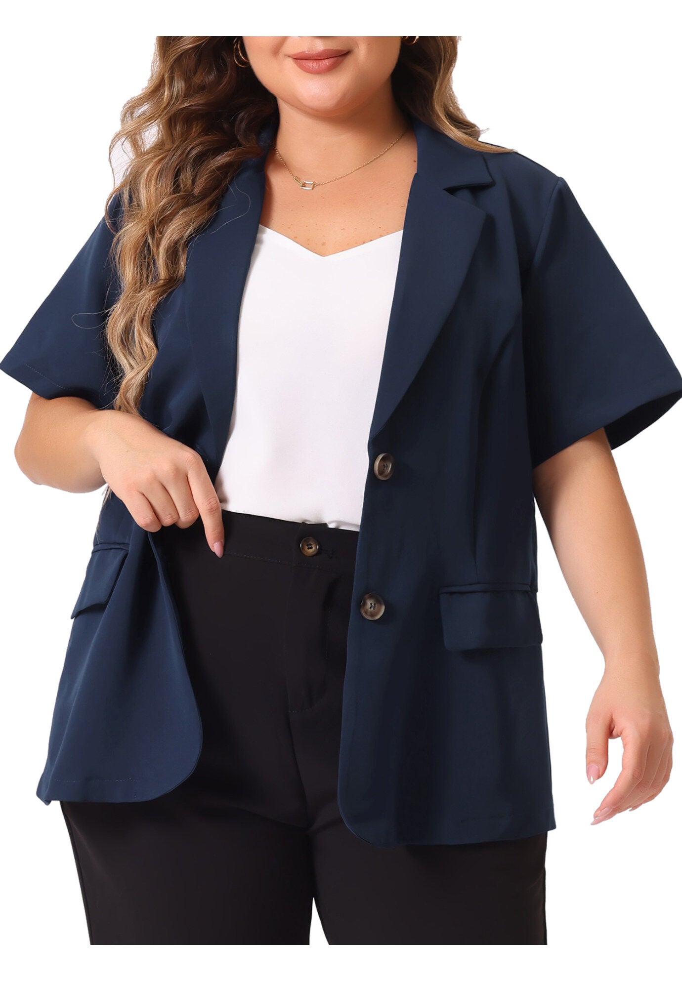 SHORT SLEEVE NOTCHED LAPEL BUTTON WORK BLAZER, Navy Blue / Navy, alternate image number 3