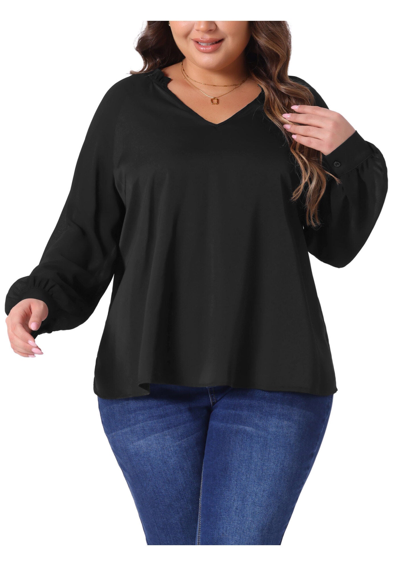 Sheer Long Sleeve Ruffle Notched V Neck Blouse, Black / Black, alternate image number 2