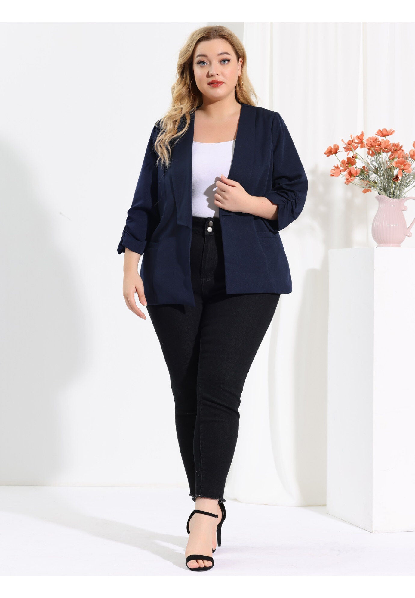 OPEN FRONT 3/4 RUCHED SLEEVE LIGHTWEIGHT BLAZER, Dark Blue / Navy, hi-res image number 0