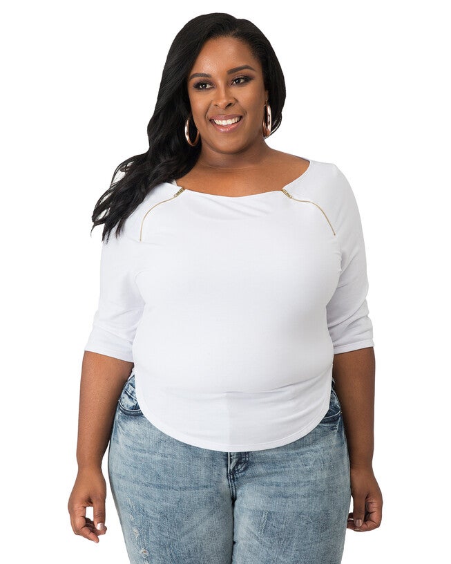 Plus Size Morgan Boatneck Shirt With Quarter-Sleeves And Zip Shoulders, White / White, hi-res image number 0