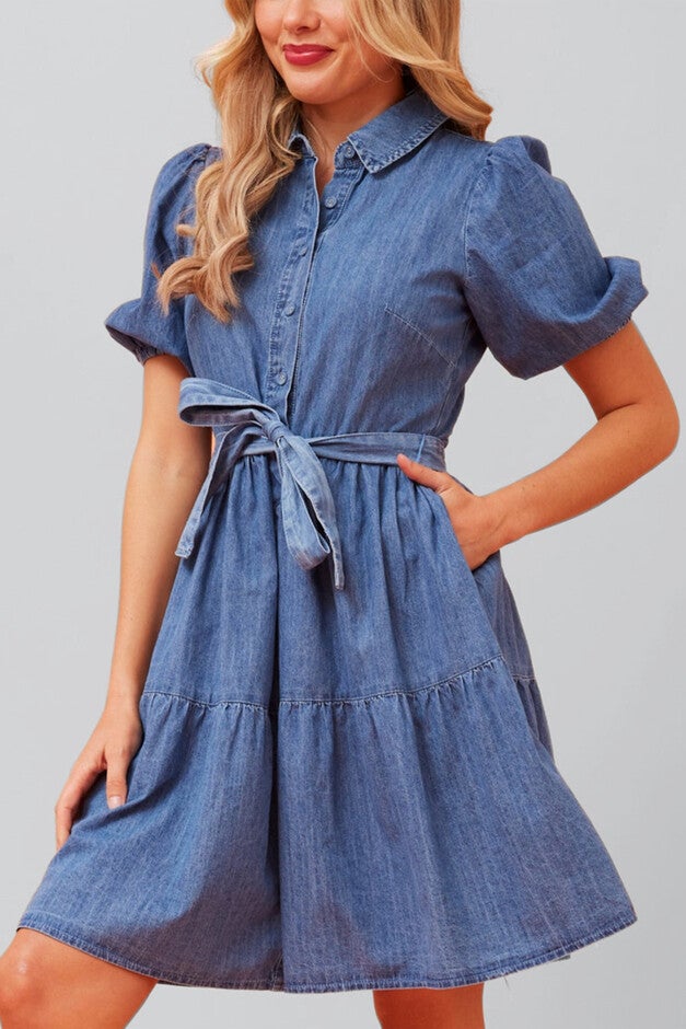 Bella Denim Tiered Shirt Dress Short Sleeves Belt, Blue / Light Blue, alternate image number 1