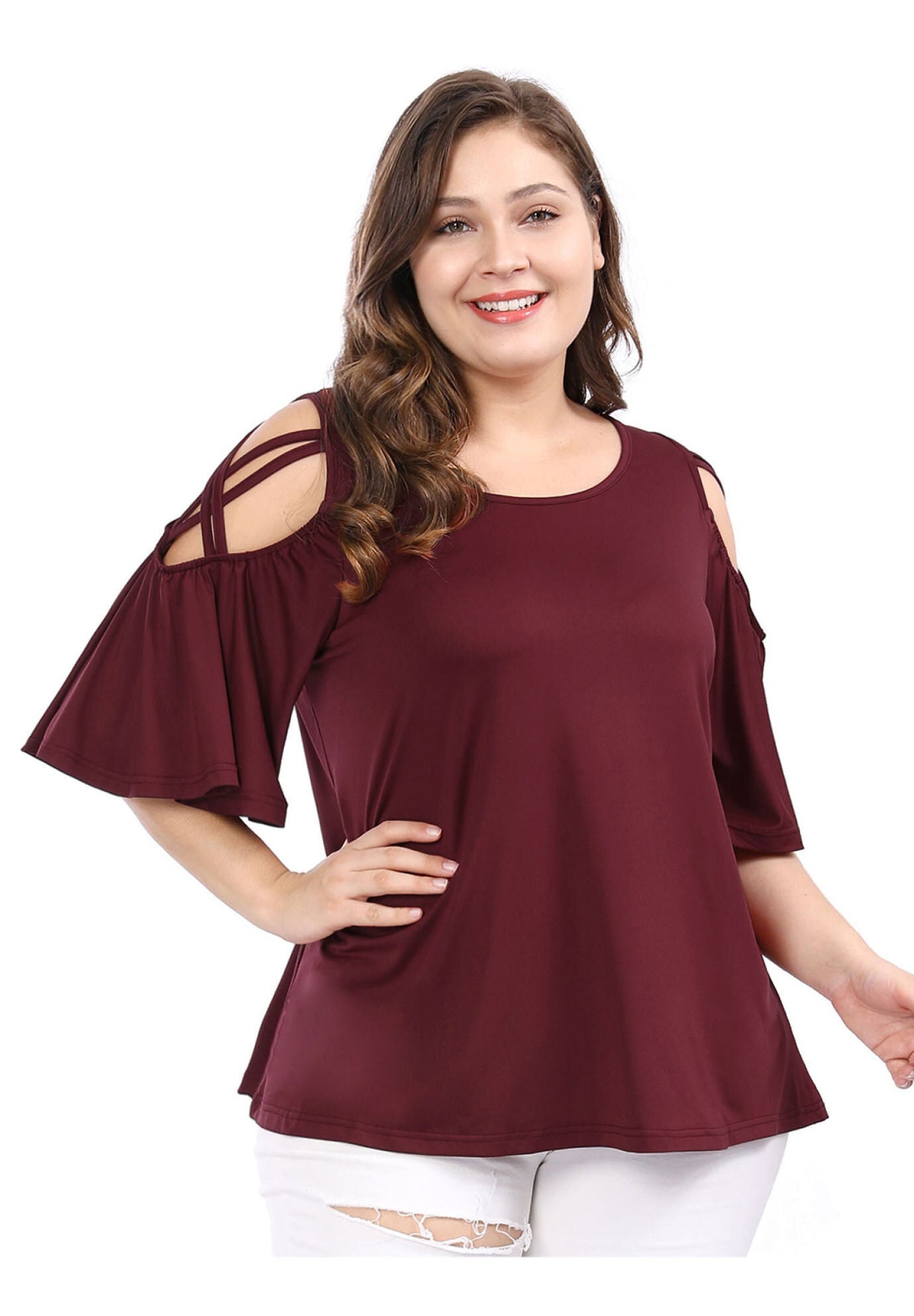 Cold Shoulder Bell Sleeve Summer Top, Red / Red, hi-res image number 0