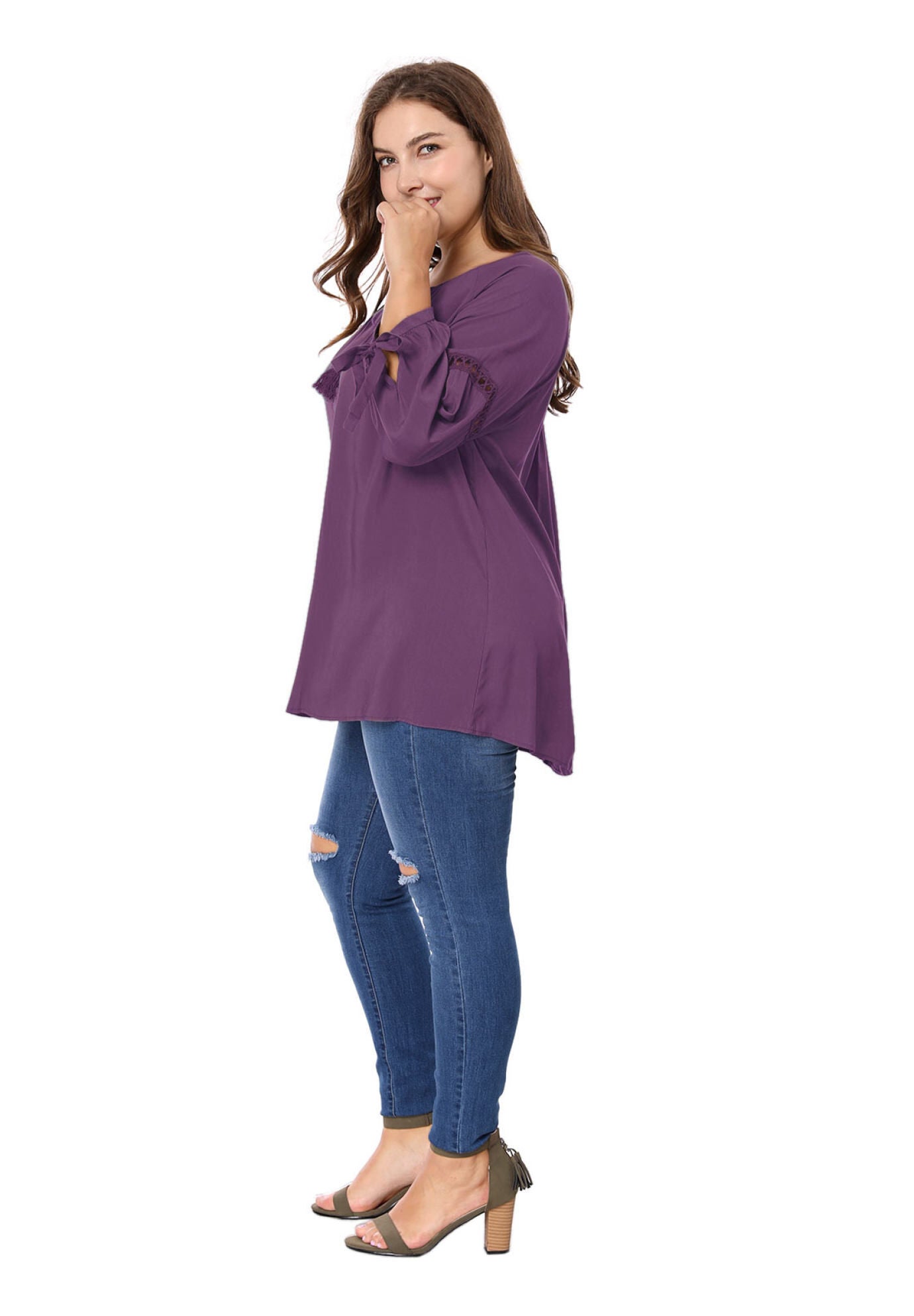 RAGLAN SLEEVES HOLLOW OUT TIE NECK PEASANT TOP, Purple / Purple, alternate image number 3
