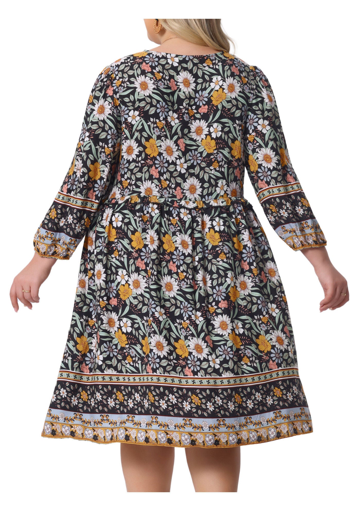 Boho Floral V Neck 3/4 Sleeve Mini Short Dress, Black Yellow / Yellow, alternate image number 4