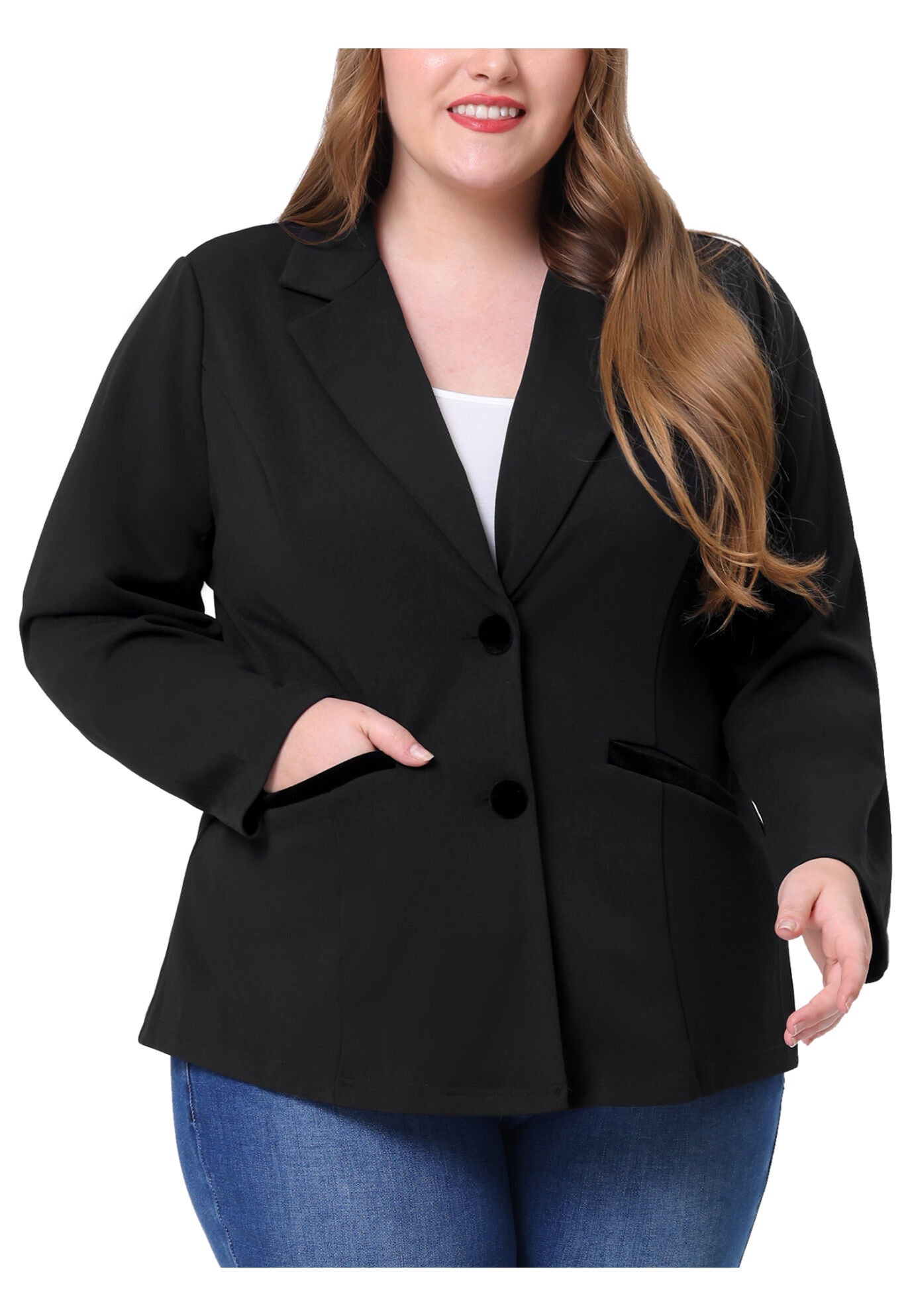 NOTCHED LAPEL V NECK WORK SUIT BLAZER, Black / Black, alternate image number 2
