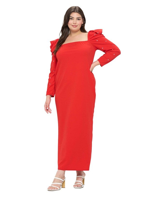 EVANGELINE RHINESTONE SLEEVE DRESS, Coral Red / Red, alternate image number null