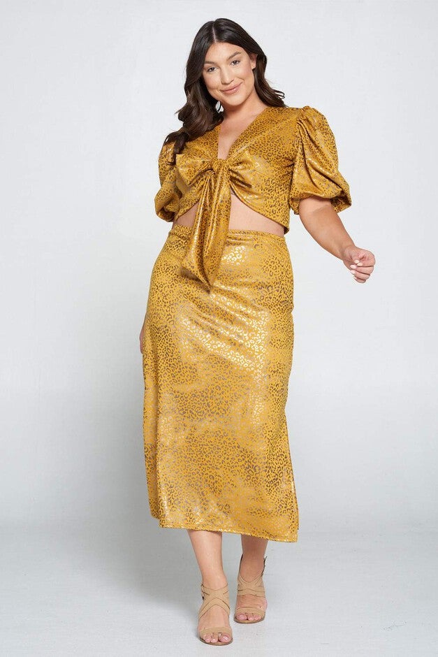 CHEETAH FOIL WRAP TOP AND MIDI SKIRT SET, Mustard Foil Cheetah / Yellow, alternate image number 3