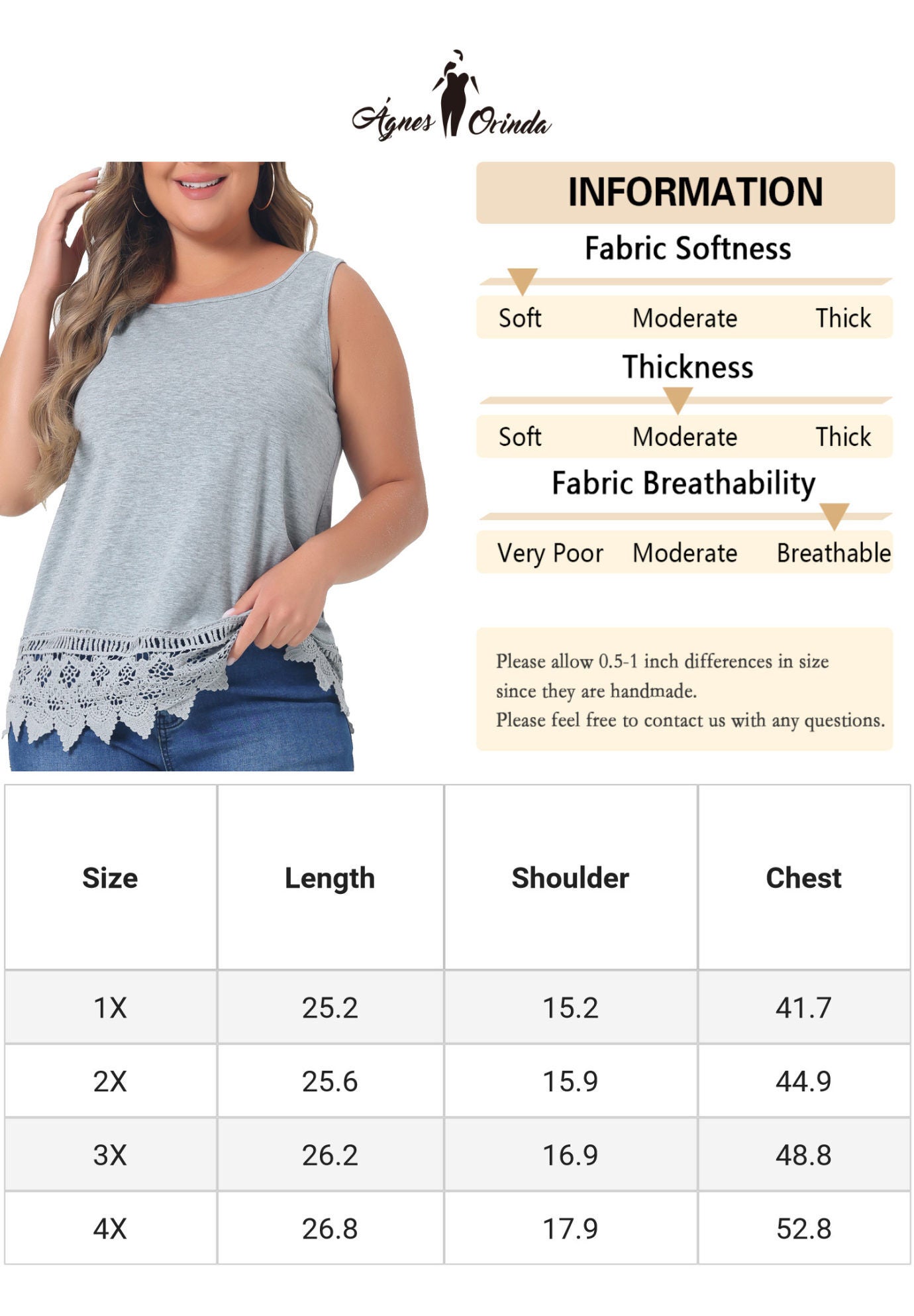 Round Neck Sleeveless Swing Lace Panel Flowy Top, Grey / Light Grey, alternate image number 3