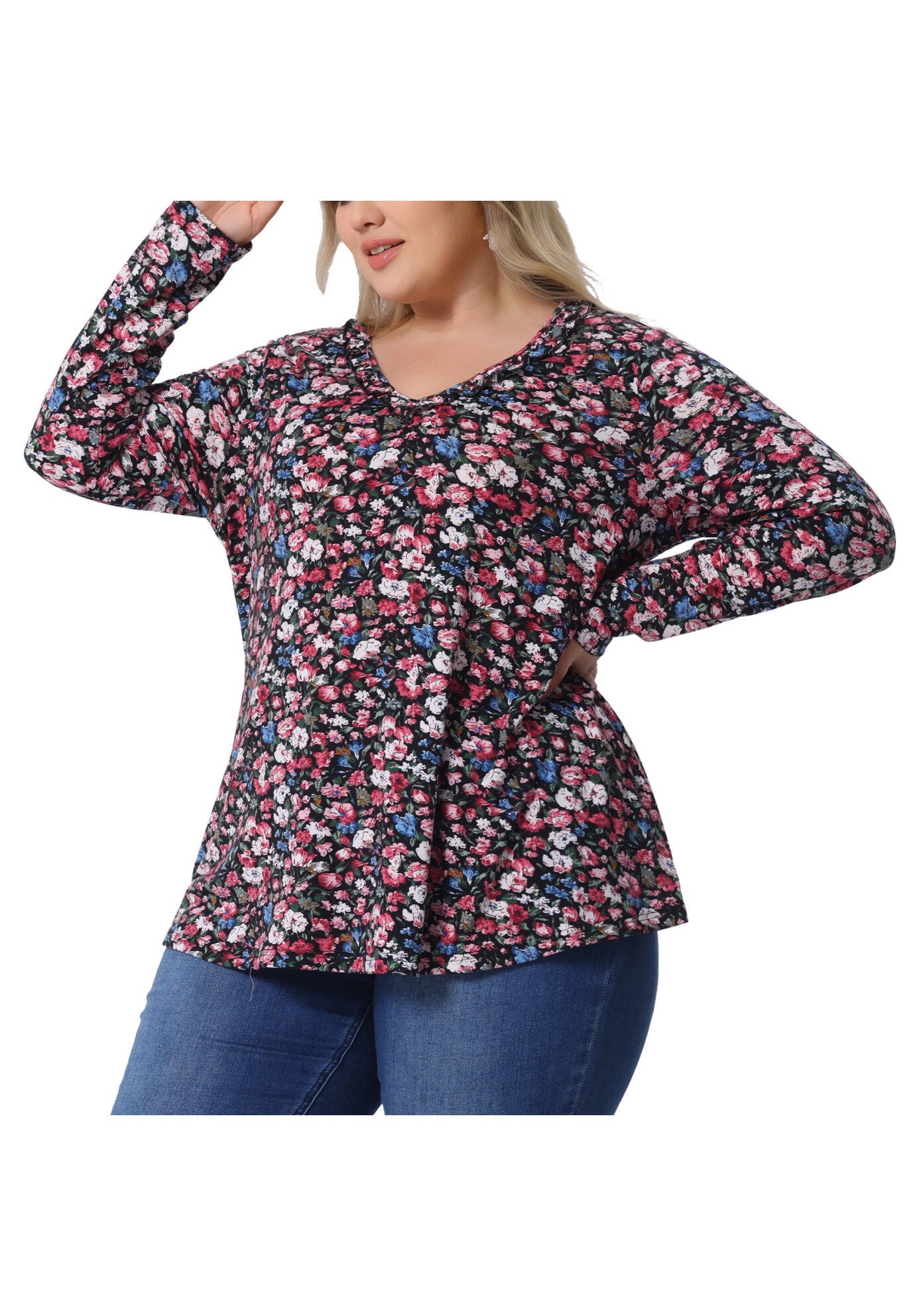 Floral V Neck Long Sleeve Ruffle Tunic Blouse Top, Black Pink / Pink, alternate image number 1