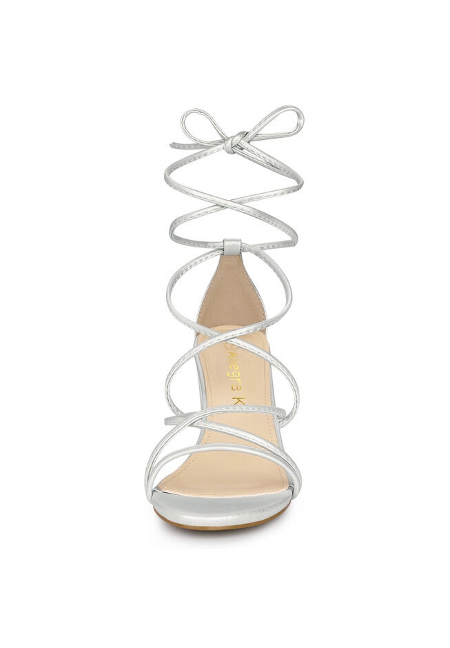Strappy Lace Up Chunky Heeled Heels Sandals, Silver / Silver, alternate image number 1