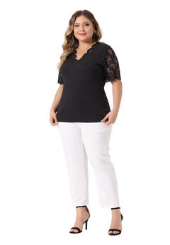 V Neck Short Sleeve Lace Ribbed Knit Tunic Top