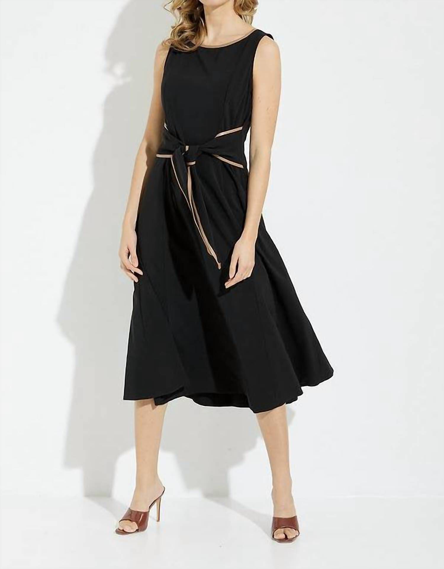 TIE FRONT DRESS W/ FAUX LEATHER TRIM IN BLACK/TIGER'S EYE, BlackTigerS Eye / Black, hi-res image number 0