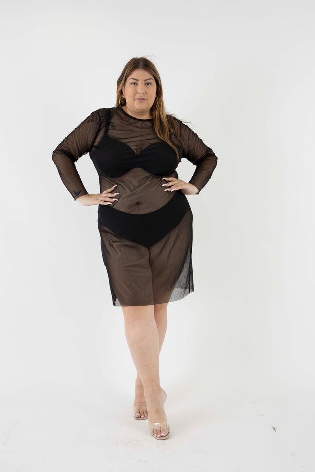 The Ghost Mesh Xray Dress with a Jewel Neckline, Black / Black, alternate image number 1