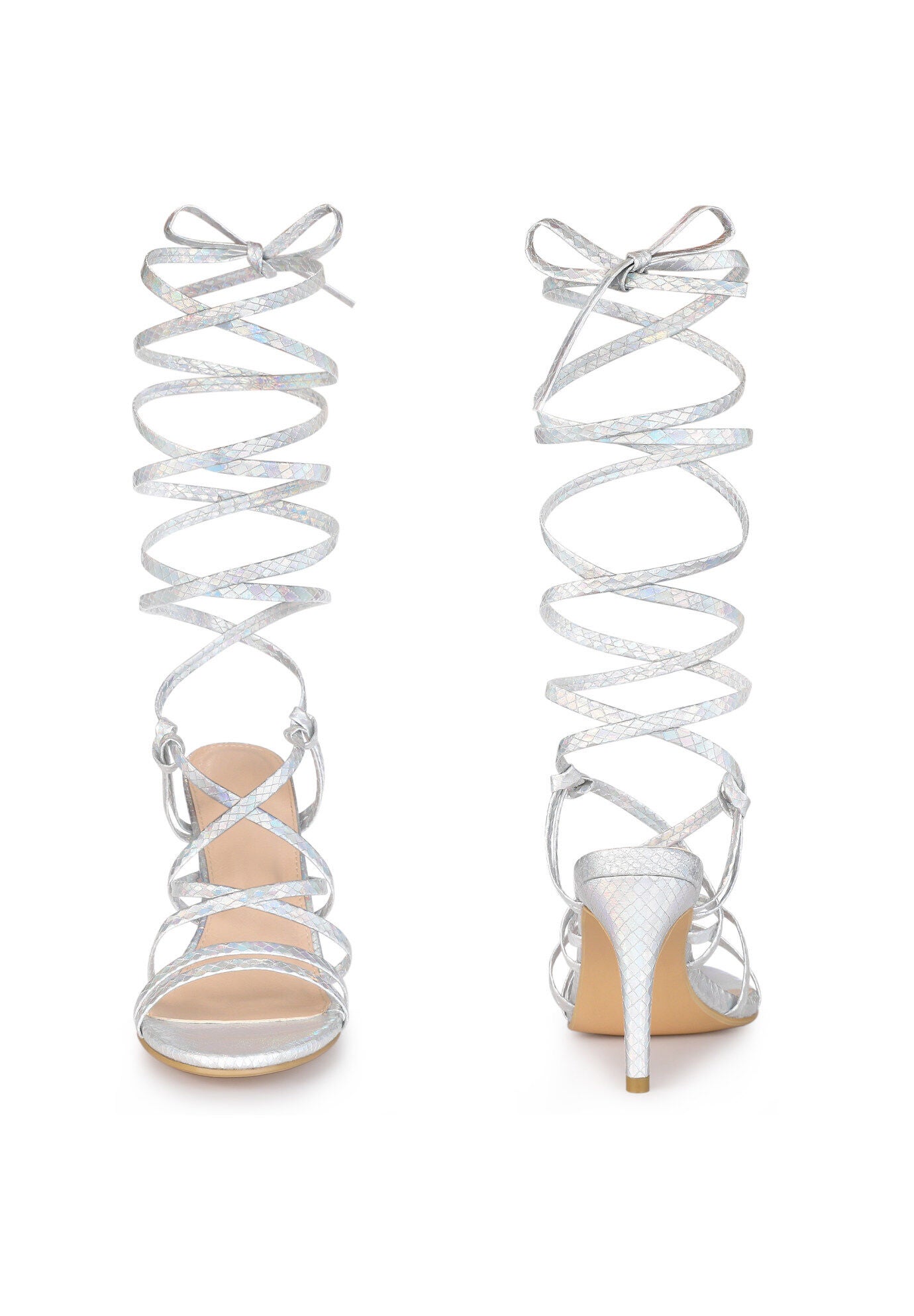Snakeskin Strappy Lace Up Stiletto Heels Gladiator Sandals, Silver / Silver, alternate image number 1