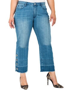 Plus Size Meryl High-Rise Light Wash Cropped Jeans with Silver Grommets & Wide Released Hem