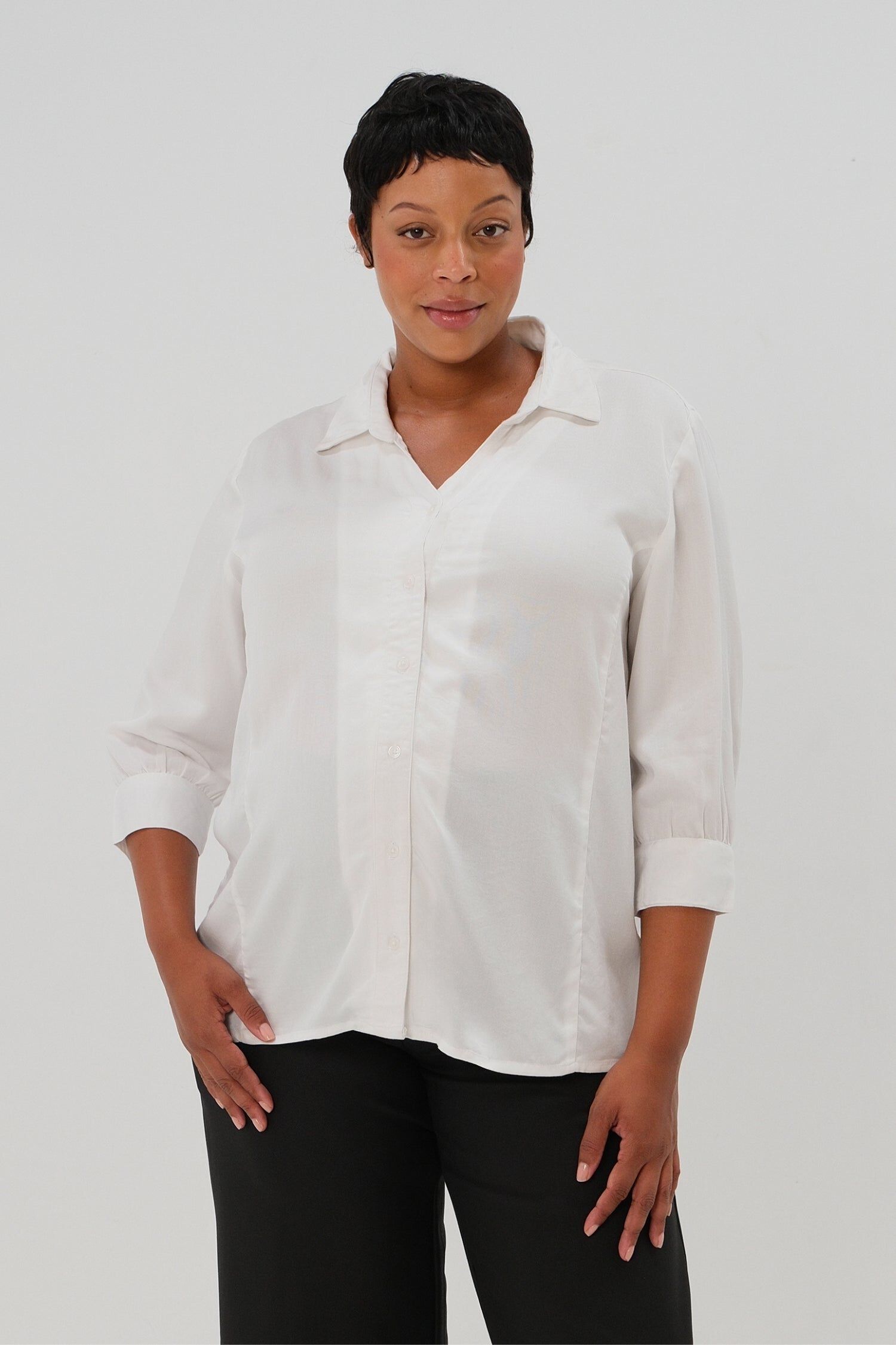 MARION Women's No-Gap 3/4 Sleeve Maternity & Nursing Button Down Shirt in with Bra Concealing Design in TENCEL, White / White, hi-res image number 0