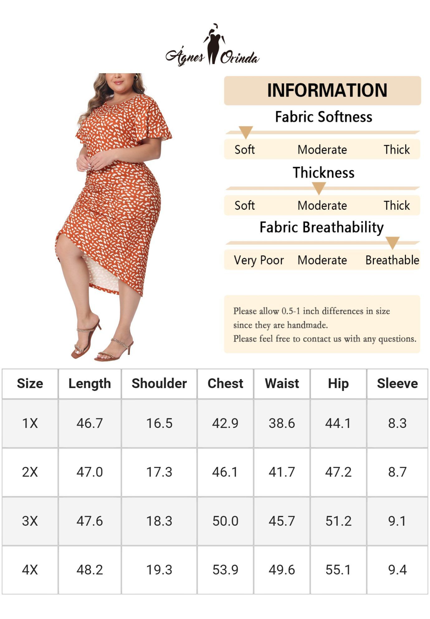 Polka Dots Ruched Round Neck Short Sleeve Wedding Cocktail Bodycon Dress, Orange / Orange, alternate image number 4