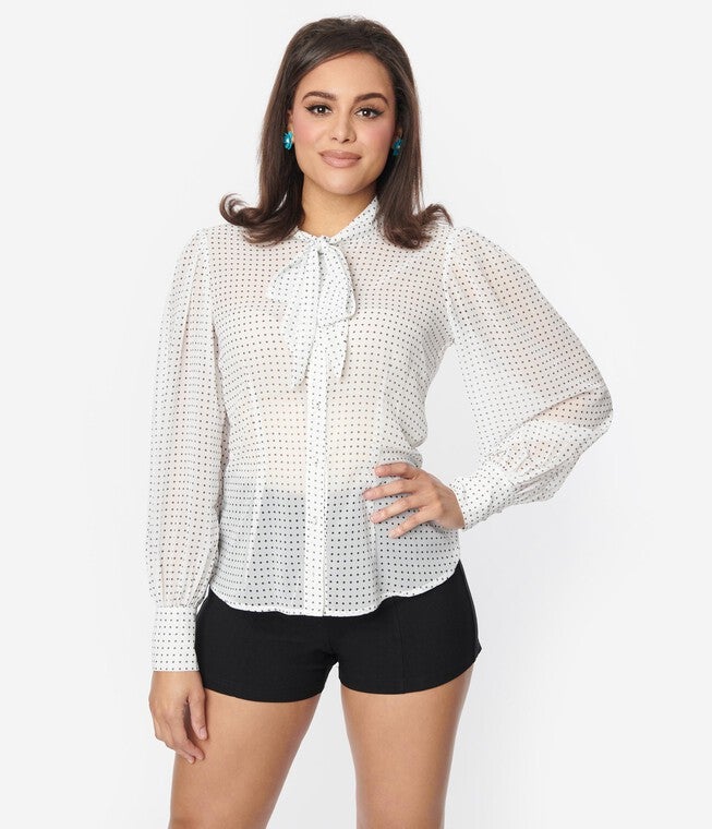 Unique Vintage White Black Pin Dot Tie Neck Gwen Blouse, White / White, hi-res image number null
