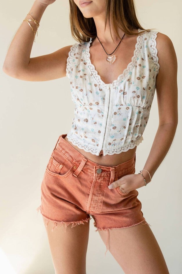 HOWDY FLORAL SATIN TOP WITH LACE TRIM IN BLUE, Blue / Orange, hi-res image number null