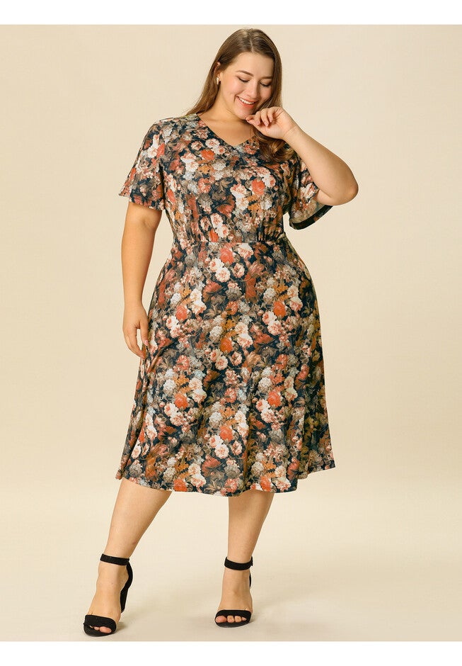 Short Sleeve Fit Flare Midi Sundress Floral Dress, Orange / Orange, alternate image number null