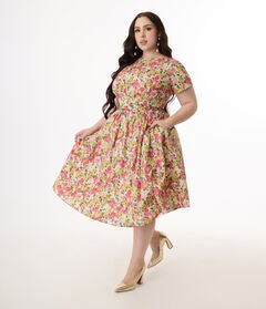 Unique Vintage Plus Size Yellow & Pink Floral Cotton Swing Dress