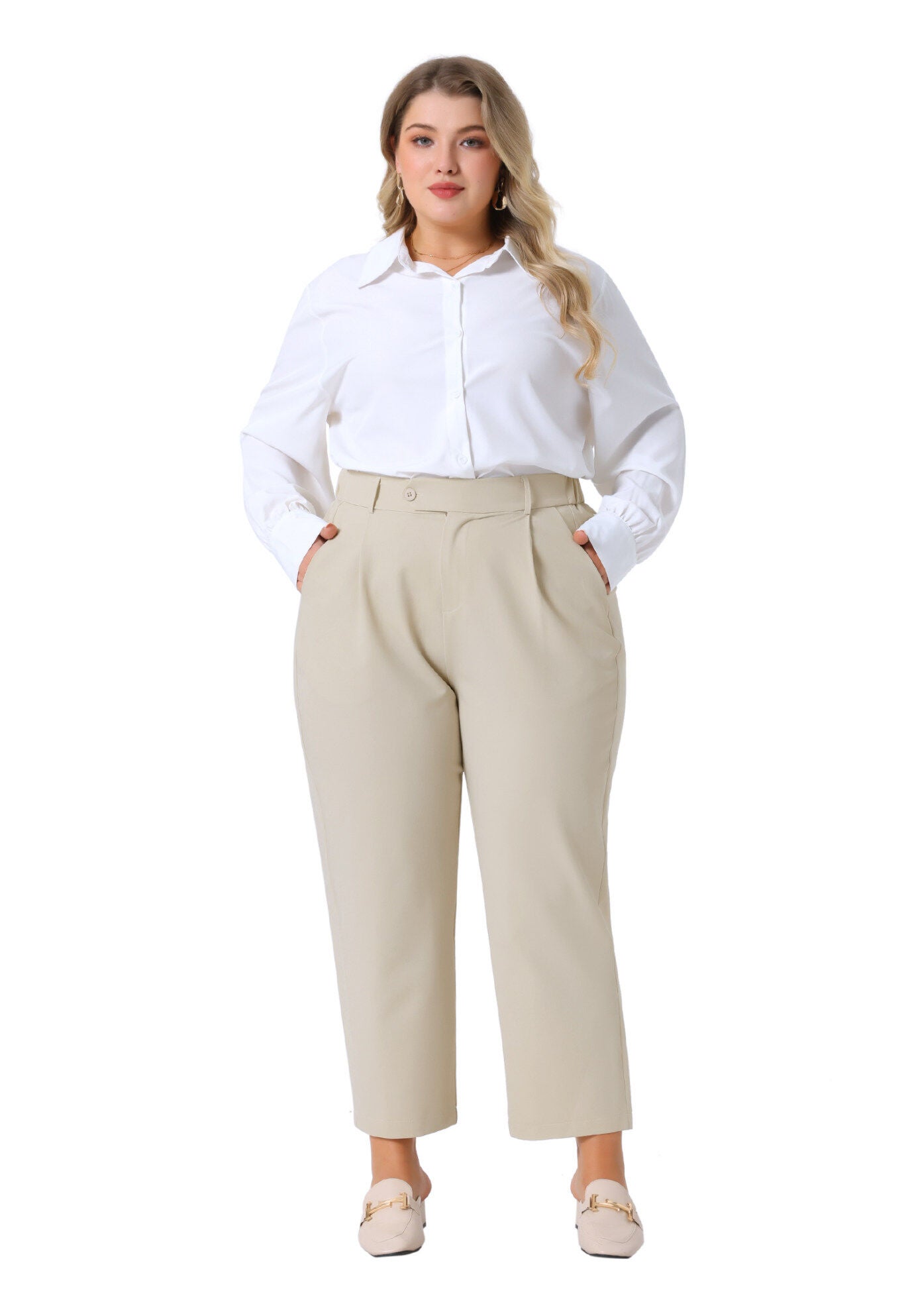 ELASTIC HIGH WAISTED LONG STRAIGHT BUSINESS CASUAL TROUSERS, Light Khaki / Beige, hi-res image number 0