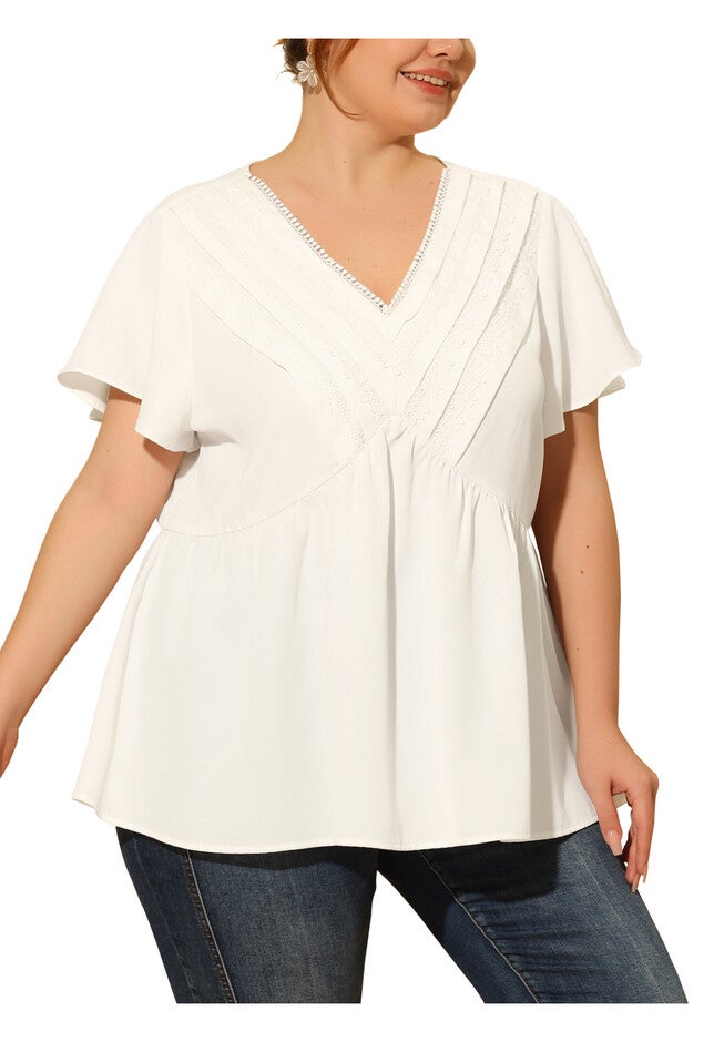 V NECK FLARE SLEEVE RUFFLE PEPLUM WRAP BLOUSE TOP, White / White, alternate image number 1