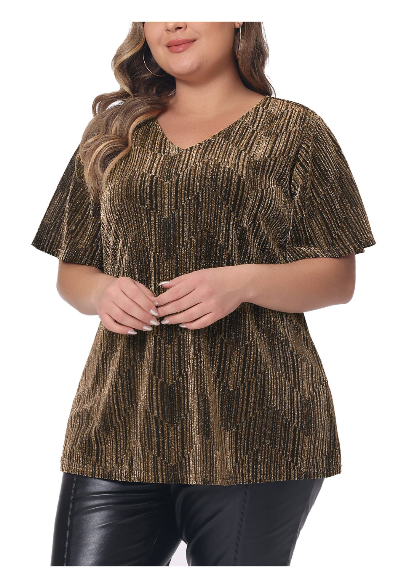 V Neck Metallic Short Sleeve Party Blouse Tee Top, Gold / Gold, alternate image number 1