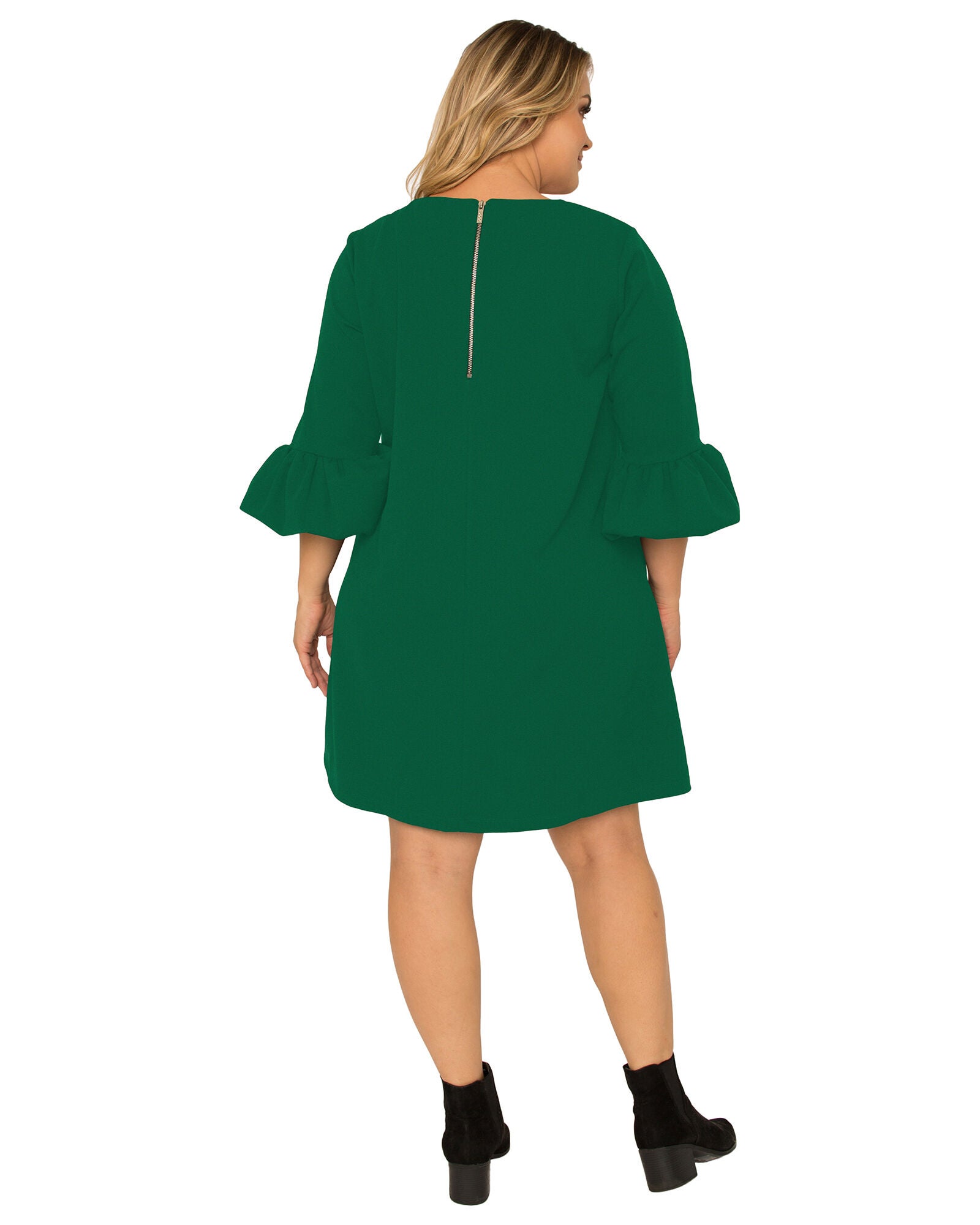 Plus Size Women&#39;s Crepe Knit 3/4 Balloon Sleeves Midi Shift Dress, Green / Forest Green, alternate image number 2