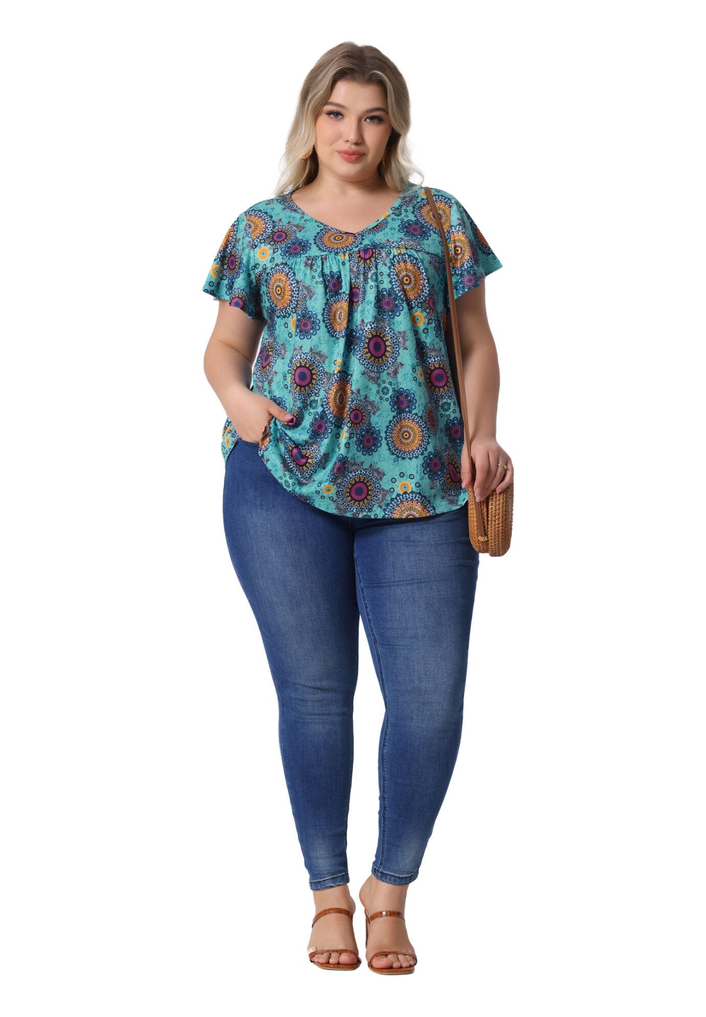 V Neck Ruffle Short Sleeve T-Shirt Tee Top, Blue Orange / Dusty Blue, hi-res image number 0