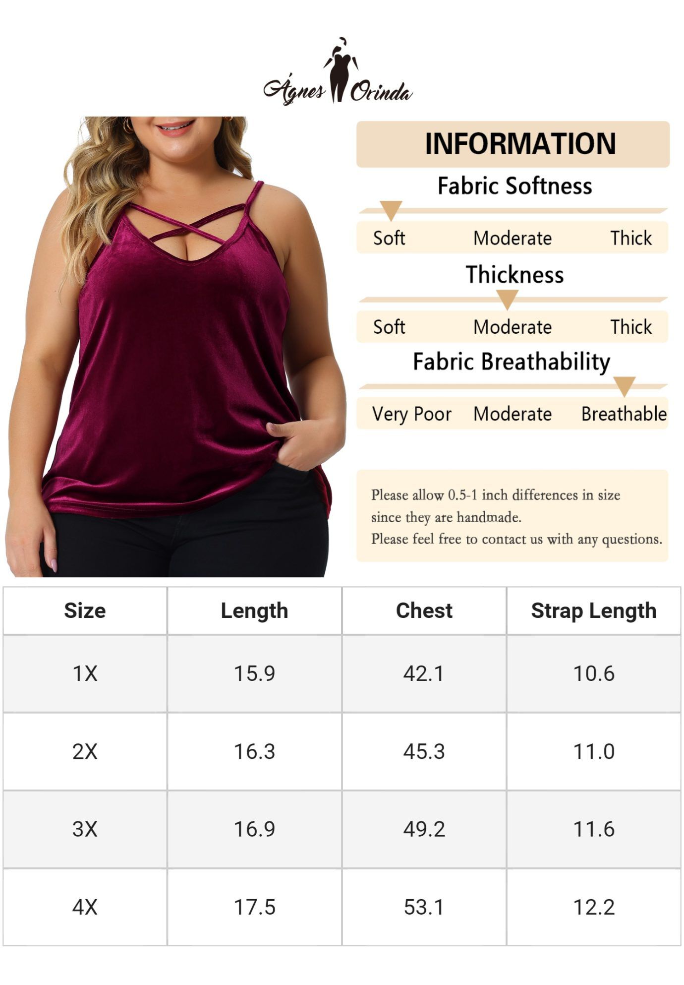 Criss Cross V Neck Spaghetti Strap Cami Velvet Tank Top, Burgundy / Red, alternate image number 4