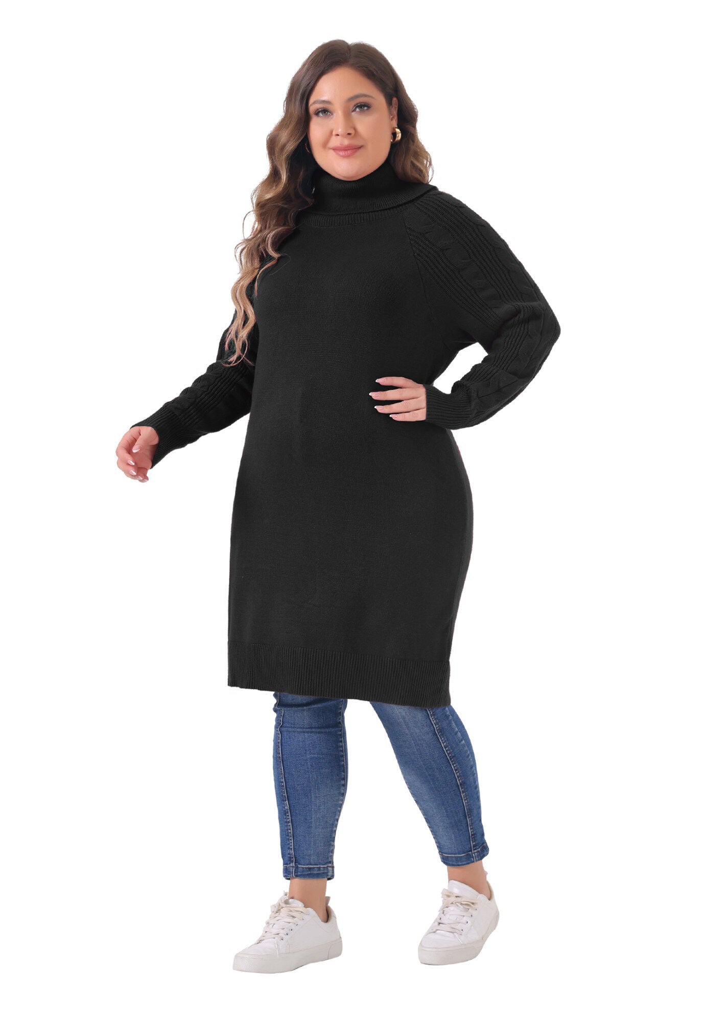 Turtleneck Pullover Long Sweater Dress, Black / Black, hi-res image number 0