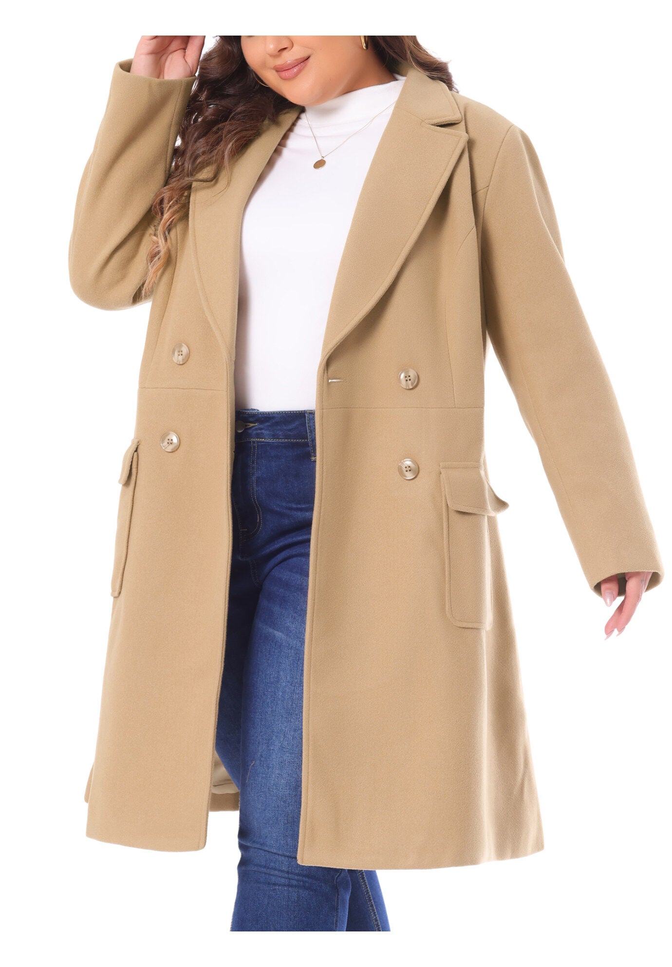 NOTCH LAPEL DOUBLE BREASTED PEA TRENCH COAT, Khaki / Brown, alternate image number 2
